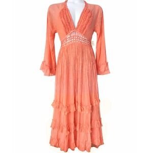 Free People L Peach Orange Shimmer Ruffle Bell Sleeve Spring Fairy Maxi Dress